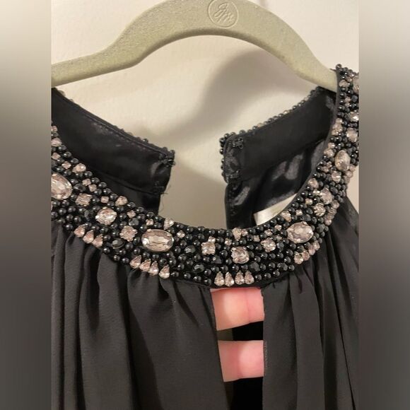 Eliza J Dress Women’s 8 Embellished Tiered Chiffon Halter Gown Black Like New - Picture 7 of 10